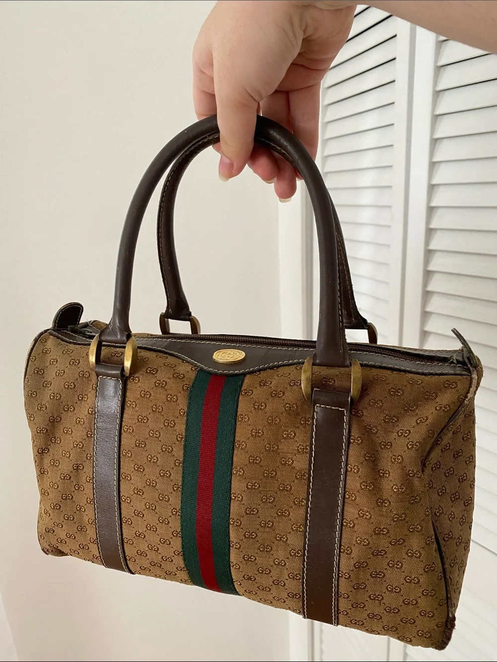 Brown Canvas Satchel with Green and Red Web Stripe